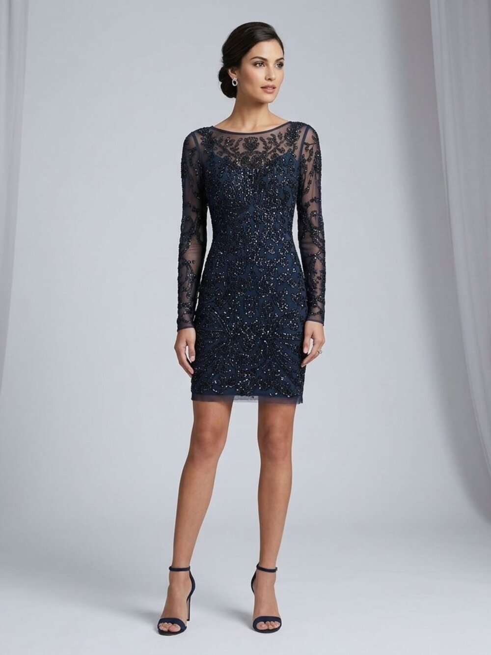 AIDAN MATTOX  Navy blue beaded dress with long sleeves
